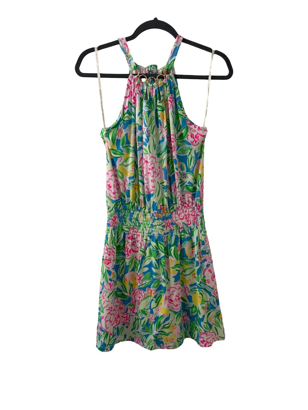 Lilly Pulitzer Green Pink Blue Floral Halter Dress with Gold Rings